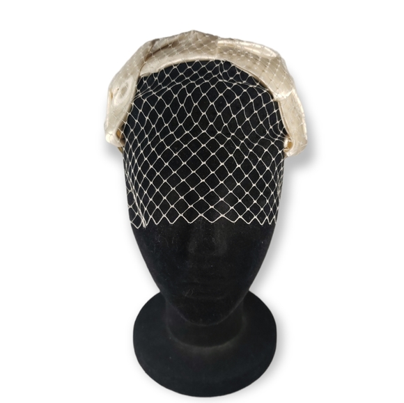 Ivory Satin Headband Hat with Netted Veil - Picture 2 of 6
